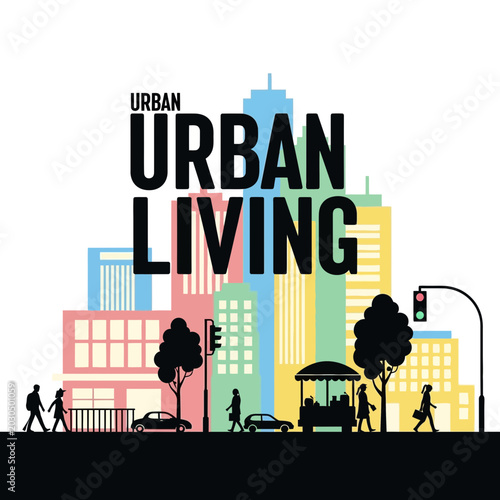 Cuadro en lienzo Urban Living Cityscape Silhouette with Colorful Buildings and People