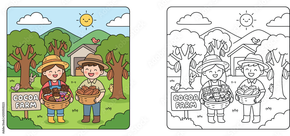 Fototapeta premium Cute Farmers Harvesting Cocoa Pods on a Plantation, Baskets of Chocolate and Beans, Kids Educational Coloring Page and Color Illustration Set for Activities and Books