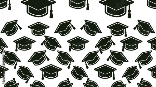 Graduation seamless pattern with black mortarboard icons on white background, education, cap, mortarboard, success, achievement