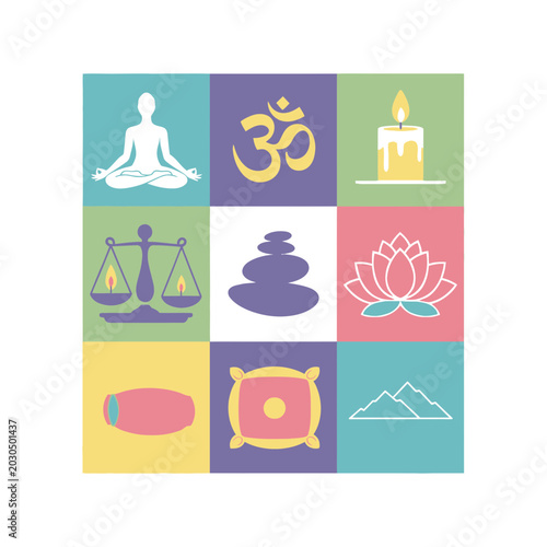 Canvas Print Yoga and Meditation Icons: Zen, Om, Candle, Lotus, Balance, Stones