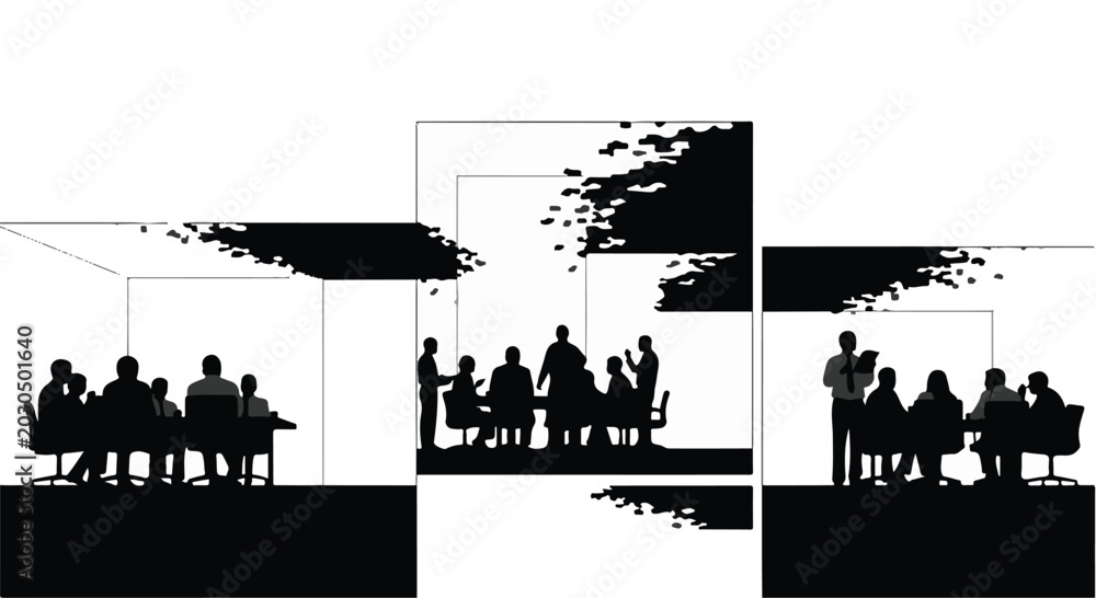 Obraz premium Silhouettes of people in a meeting, discussing ideas in a modern office space.
