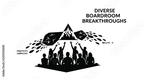 Diverse team collaborating to achieve innovative breakthroughs and balanced harmony in a meeting.