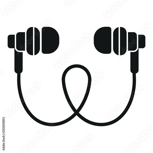 Black corded earbuds with rounded rectangular earpieces connected by thin cables icon