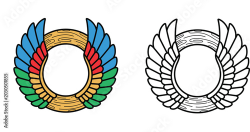 Fotografie Ancient Egyptian Winged Sun Disk or Scarab Beetle Symbol - Coloring Page
