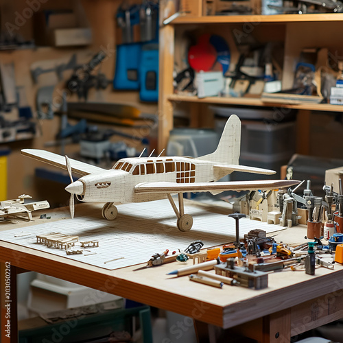 Crafting a wooden airplane model in a workshop hobby space detailed crafting process creative environment artistic perspective