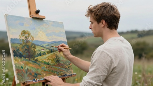 Young man painting landscape outdoors in rural field