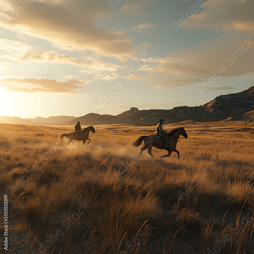 Horseback riding adventure at sunset vast plains landscape photography serene environment wide view freedom concept