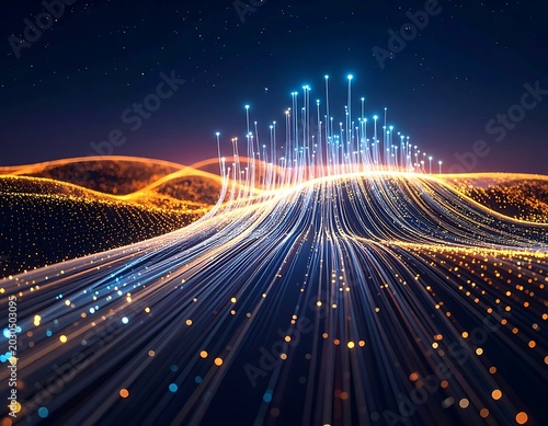A vibrant digital landscape with glowing lines and particles