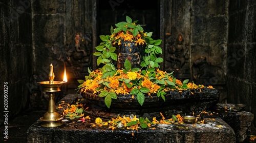 Sacred Shiva Lingam adorned with Bilva leaves and marigold flowers for Shravana Amavasya, illuminated by a flickering brass oil lamp in a dark temple.