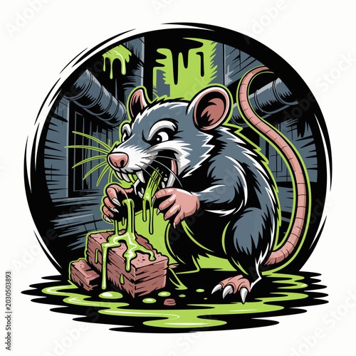 Quadro su tela Gray cartoon rat eating green food.