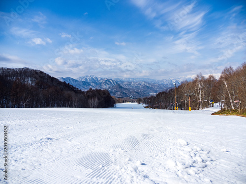 Snowy landscape at Takatsue Ski Resort, Fukushima, Japan