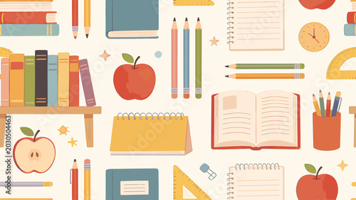 Tableau sur toile A vibrant and colorful illustration of school supplies, books, and apples arranged in a repeating pattern, evoking a sense of education and learning