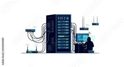 Fényképezés Data Center Server Room with Technician at Work