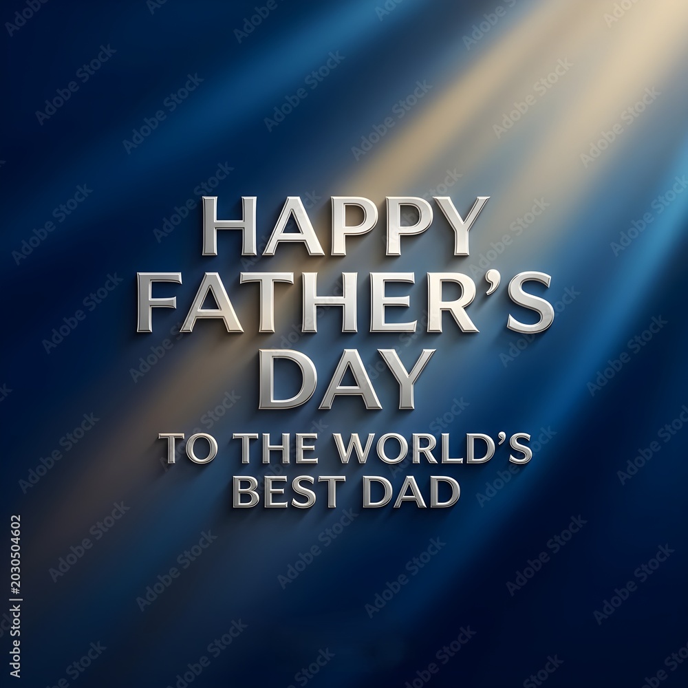 Obraz premium Happy Father's Day greeting with silver 3D text, World's Best Dad message on navy blue background, elegant holiday celebration card with light rays