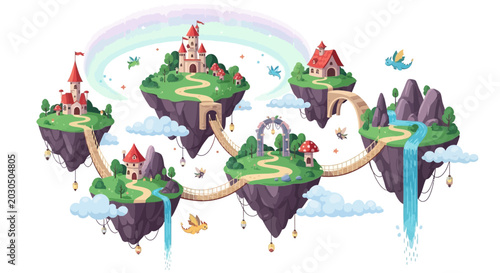 Schilderij op canvas Fantasy floating islands with castles, bridges, waterfalls, and rainbow