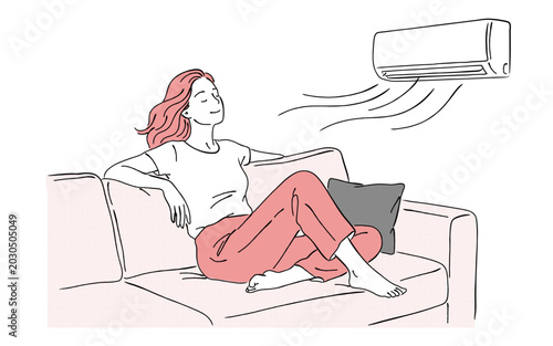 Foto エアコンの風で涼む女性,ソファでリラックスする室内のイラスト,夏の快適なおうち時間と熱中症対策,シンプルな線画素材