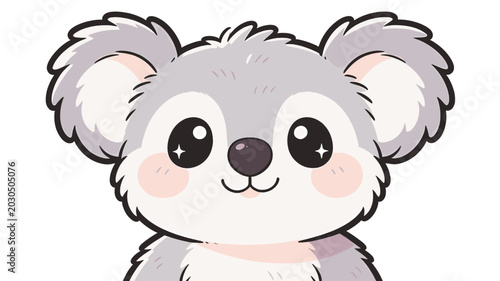 Canvas Print Adorable cartoon koala illustration with big sparkling eyes and a friendly smile, featuring soft grey and white fur and pink cheeks