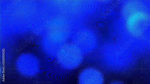 Abstract blue background with halftone dot pattern, wavy lines and soft bokeh light effects, digital art texture for modern design projects