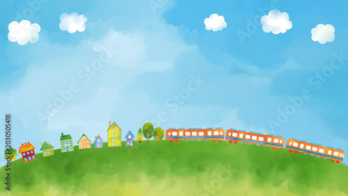 Schilderij op canvas 水彩風 緑の丘を走るオレンジ電車と家々と木々と青空風景(16:9) Blue Sky Series:A watercolor-style scene of an