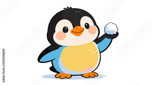 Φωτογραφία A cute cartoon baby penguin with rosy cheeks holding a small white snowball, depicted in a cheerful and playful illustration style