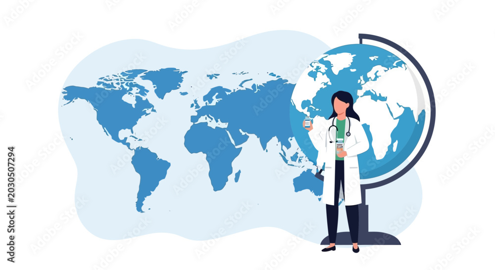 Naklejka premium Doctor, Globe, World Map: Global Health and Medical Research