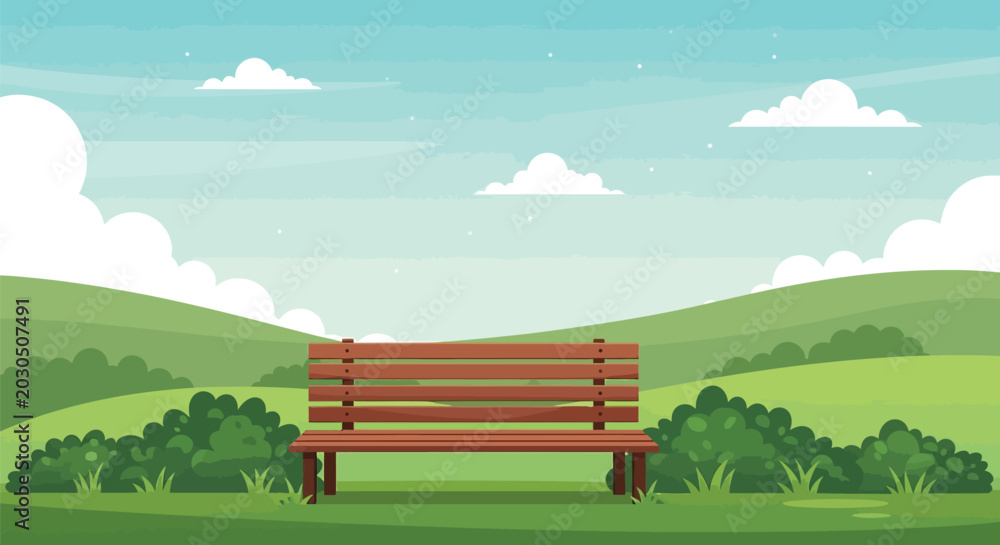 Obraz premium Peaceful park scene featuring wooden bench centered on green grassy field with rolling hills and blue sky background dotted with fluffy white clouds daytime.
