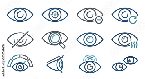 Collection of stylized eye icons representing vision and sight concepts.