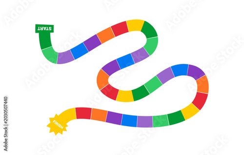 Board game path for kids activity book, wavy colorful road map with start and finish tiles vector illustration - v2.