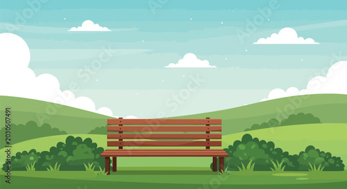 Slika na platnu Peaceful park scene featuring wooden bench centered on green grassy field with rolling hills and blue sky background dotted with fluffy white clouds daytime