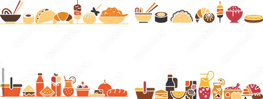 Fototapeta premium Colorful flat illustration of various food and drink items on two shelves