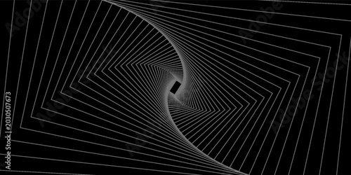 An abstract white spiral vortex made of rotating concentric geometric rectangles on a dark black background, creating an optical illusion perspective tunnel effect