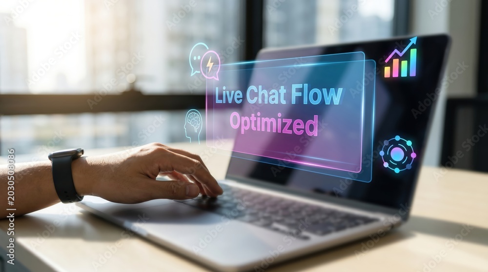 Fototapeta premium AI Business Optimization Concept: Professional Interacting with Holographic Live Chat Flow and Analytics Interface