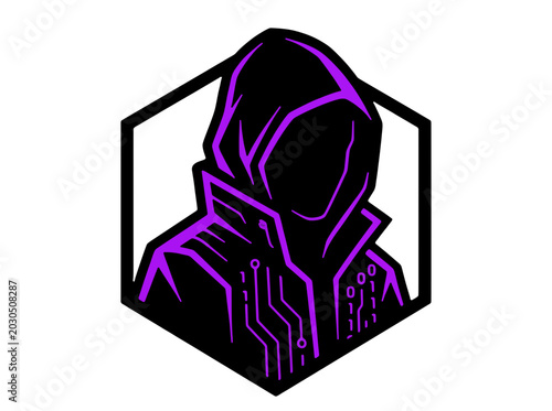 Cyberpunk Hacker Logo with Purple Circuit Patterns in Hexagon