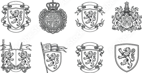 Photos Heraldic Lion Crest Collection with Royal Coat of Arms Shields, Medieval Emblems