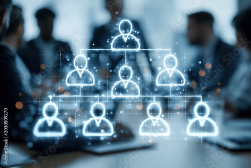 Holographic organizational chart glowing in blue and white, blurred corporate meeting in the background, business hierarchy concept