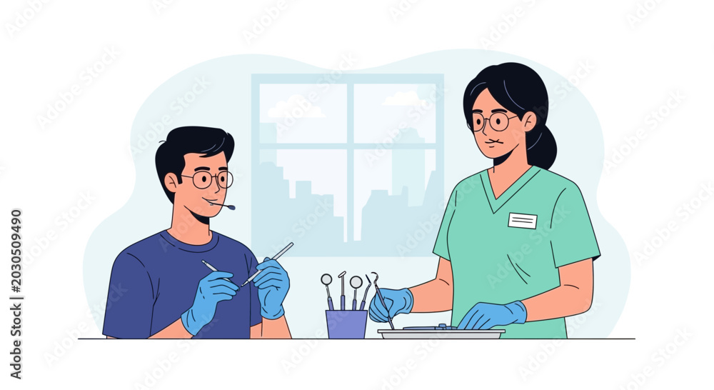 Fototapeta premium Dentist and Assistant Preparing Dental Instruments for Treatment