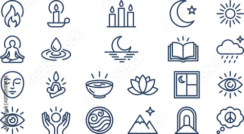Schilderij op canvas Set of minimalist line art icons representing spiritual wellness, meditation, mi