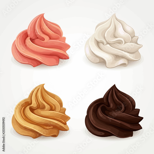 Fotografía Four different colored whipped cream toppings are displayed on a white backgroun