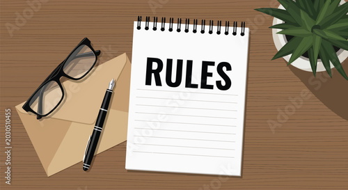 Fotografía Business office desk with rules word on notebook paper envelope glasses pen and green plant for organization management and corporate compliance policy