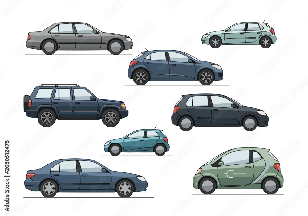 Fototapeta premium Collection of various cars in different colors and styles on a white background