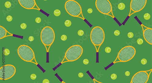 Canvastavla Green tennis pattern background featuring yellow rackets and lime balls in seamless flat style perfect for sports graphic design and athletic club branding