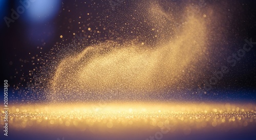 Golden Glitter Dust Explosion on Dark Background.