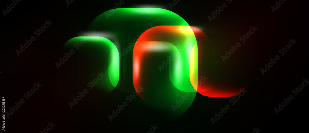 Naklejka premium Abstract neon shapes overlap, creating luminous curves. Green, red hues dominate dark background. Modern design element.