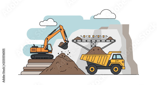 Construction excavator loading dirt into dump truck at quarry site