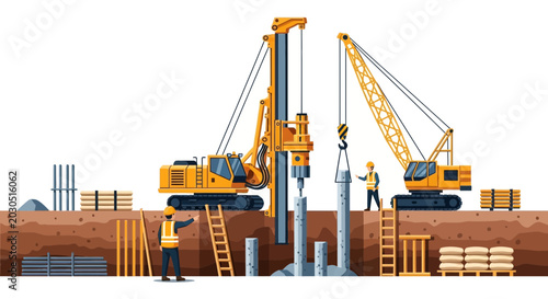 Construction Site with Pile Driving and Crane