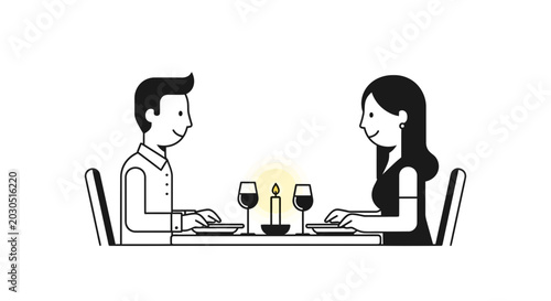 Tableau sur toile Couple dining at romantic candlelit table, minimalist illustration
