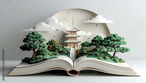 Vector illustration of an open magic book featuring an old castle and an owl in a forest during a spooky Halloween night under a full moon