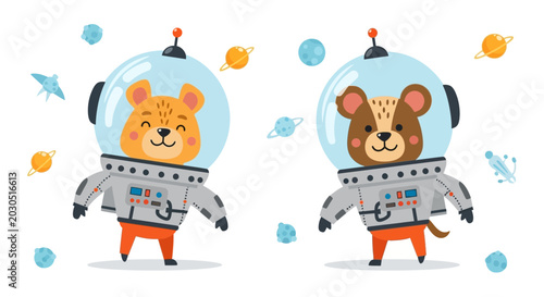 Fotografía Cute Cartoon Animals in Space Suits Exploring Planets