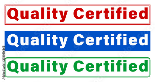 Three quality certified labels in red blue and green colors