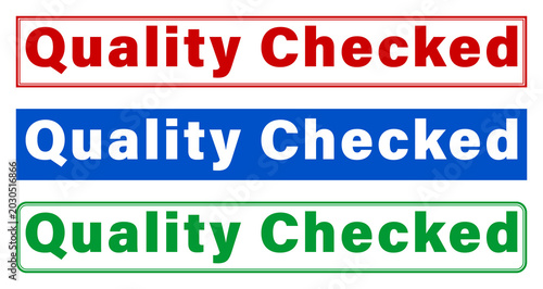 Three quality checked labels in red blue and green colors